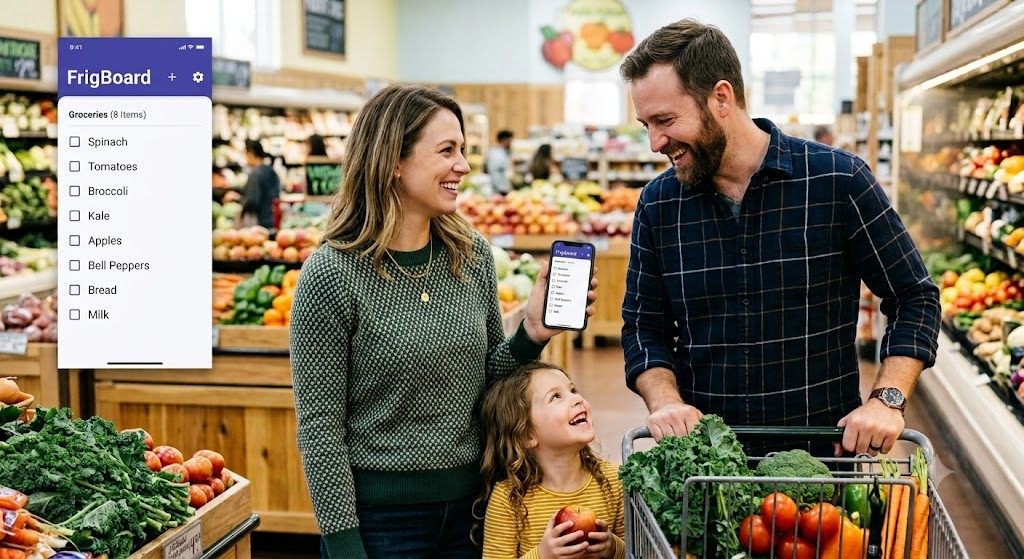 A family shopping with a shared FrigBoard list on their phone
